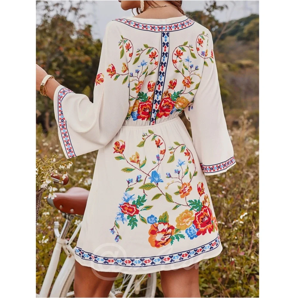 Cream Floral Print Bell Sleeve Folk Dress Short V-Neck - Picture 2 of 7